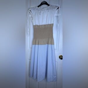 AUREUM Stylish White and Tan Long Sleeve Dress